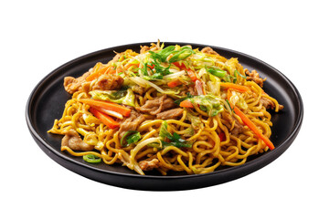 Yakisoba noodles japanese food traditional on black plate, isolated on transparent background.