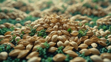 Close-up of dried jasmine flowers with floral pattern and herbal tea ingredients background