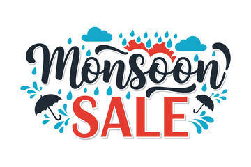 Monsoon Sale Banner Design | Rainy Season Discount Poster with Umbrellas & Raindrops .
