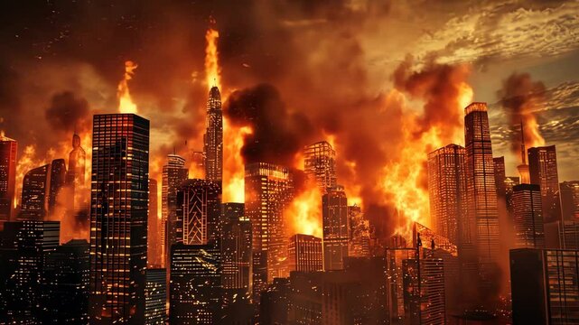  Futuristic city skyline consumed by intense fire and smoke clouds, with flames engulfing skyscrapers and creating a catastrophic urban disaster scene