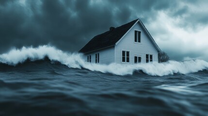 A house is surrounded by massive ocean waves under a stormy, dark sky, creating a dramatic and intense scene.