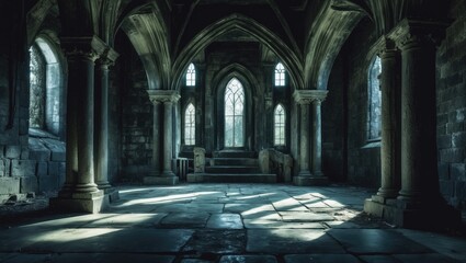 Fototapeta premium Ancient castle interior illuminated by golden sunlight with dramatic shadows