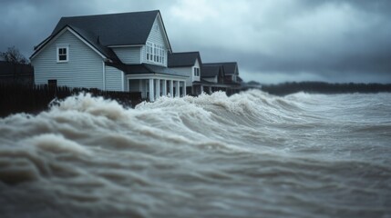 Large waves crash against coastal houses under a stormy sky, illustrating severe flooding and extreme weather near residential areas.