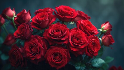 Obraz premium Red rose bouquet on a black background, top view