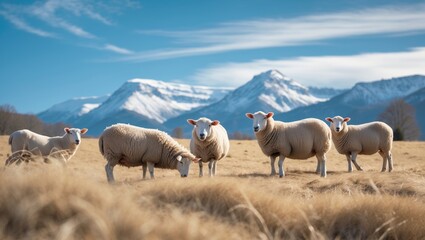 Obraz premium Domestic sheep herd on a mountain trek in Kyrgyzstan's open landscape for farming and tourism.