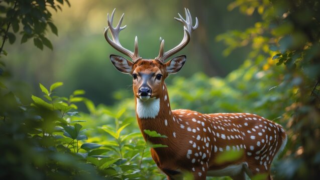 Spotted chital deer roaming in the rain at Kabini Forest, Karnataka, India