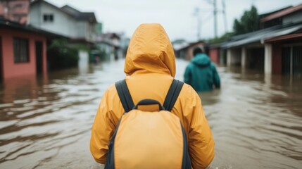 People wade through a flooded street in a residential area, wearing rain jackets and backpacks, surrounded by submerged houses.