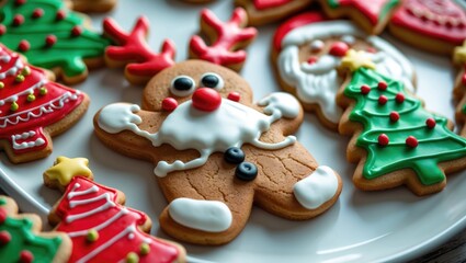 Festive Christmas cookies displayed on a wooden table, top view