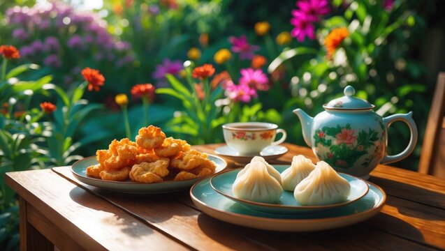 Savoring cireng and combro jajan pasar Indonesian snacks with jasmine tea on a wooden background amidst a minimalist succulent garden.