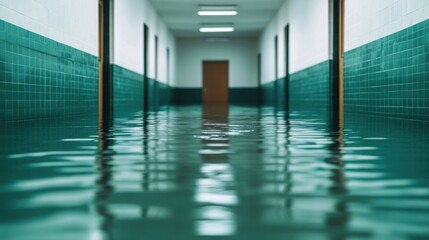 A long hallway with green tiles is flooded with water, reflecting the walls and lights above.