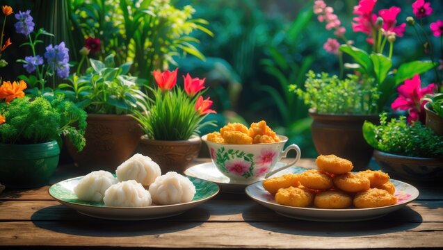 Traditional Indonesian snacks cireng and combro on wooden table with jasmine tea in a lush West Java garden during summer