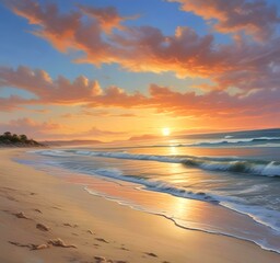 Illustration of tropical sunrise landscape with wild sandy beach.
