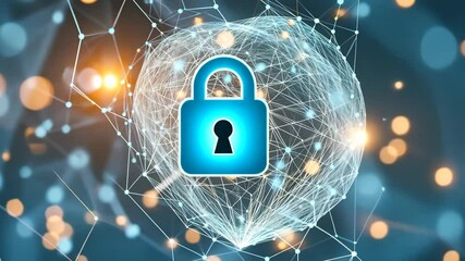 A glowing blue digital padlock over a spherical network of data connections symbolizing cyber security, data encryption and technology safety - Powered by Adobe