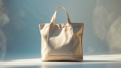 Canvas tote bag mockup for reusable grocery shopping with blank space, eco-friendly beige bag concept