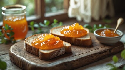 Homemade bread topped with delicious apricot jam on a wooden board