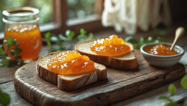 Homemade bread topped with delicious apricot jam on a wooden board - Powered by Adobe