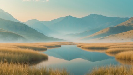 Obraz premium Serene alpine lake amid rugged mountain peaks at dawn