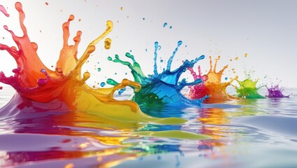 Naklejka premium Horizontal display of multicolor beverage splash in rainbow hues on white backdrop
