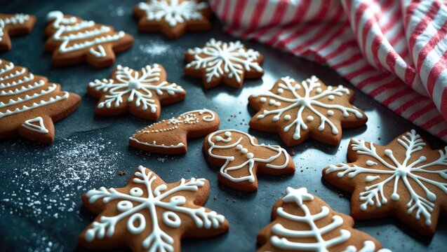 Festive gingerbread cookies on plate with icing and molds for Christmas baking - overhead view of handmade treats on black table