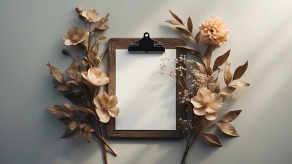 Elegant greeting card and invitation mockup featuring a golden brass bulldog clip with dried hydrangea flowers and herbs, showcasing detailed closeup of floral arrangement with a blurred dark moody
