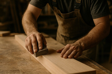 A man carving wood with a chisel, focused and precise in his movements, surrounded by tools and wood shavings on a workbench.