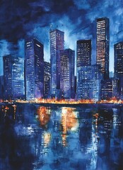 Obraz premium Stunning watercolor night city skyline with warm glow from tall skyscraper windows reflected on a deep indigo river, perfect for corporate greeting cards, business branding and urban themed designs.