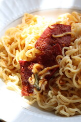noodle with meat sauce close up