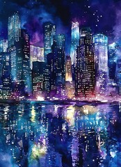 Obraz premium Stunning watercolor night city skyline with warm glow from tall skyscraper windows reflected on a deep indigo river, perfect for corporate greeting cards, business branding and urban themed designs.