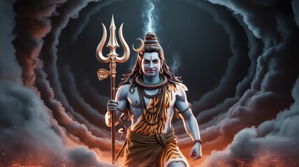 Naklejka premium Mahadev (Lord Shiva) , HIndu Shiva, Trishul, Stormy Clouds, Divine Pose