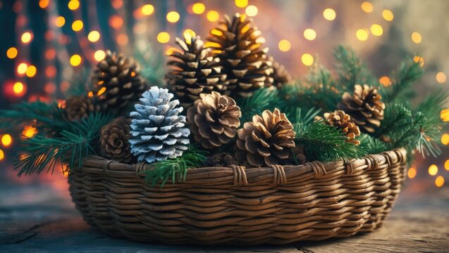 Festive Christmas wicker basket adorned with pinecones, fir eyelids, and firewood against a bokeh background - Powered by Adobe