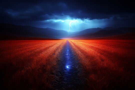 Lightning illuminates a vast red field under a dark sky during a stormy evening