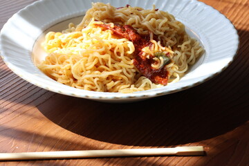 noodle with meat sauce close up