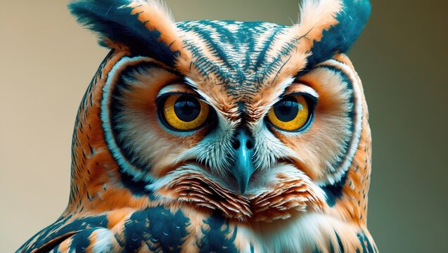 Close-up of Buffy Fish-owl (Ketupa ketupu) showcasing yellow eyes and raised ear tufts