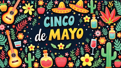 Colorful Cinco de Mayo Illustration with Guitars, Cacti, Sombreros, and Festive Decorative Elements.
