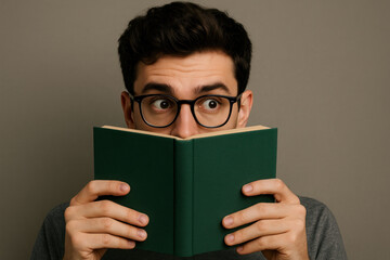 Man with glasses deeply engrossed in reading a book, surrounded by shelves filled with books in a cozy library setting.
