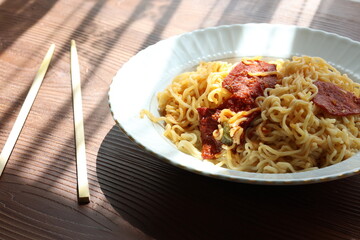 noodle with meat sauce close up