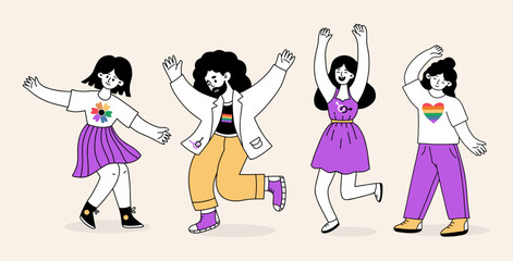 Happy LGBTQ People Dancing. Pride Month. LGBT community. Fun holiday Gay and lesbians set. Minimalist isolate hand Doodle drawing. Vector Illustration for design, social media, unity and equal love