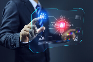 Plakat ai gentics concept with businessman touch on vr virtual dashboard to command artificial intelligence as assisstance to decision making and business planning, picture generate, music composition
