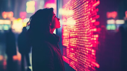 Woman contemplates a large digital display with red glowing code in a futuristic cityscape - Powered by Adobe