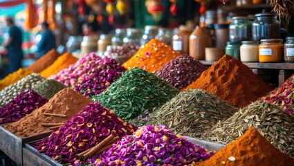 Vibrant herbal tea display at Istanbul's Egyptian Bazaar with spices and flowers
