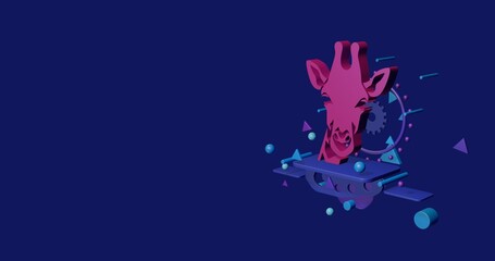 Pink giraffe head symbol on a pedestal of abstract geometric shapes floating in the air. Abstract concept art with flying shapes on the right. 3d illustration on indigo background
