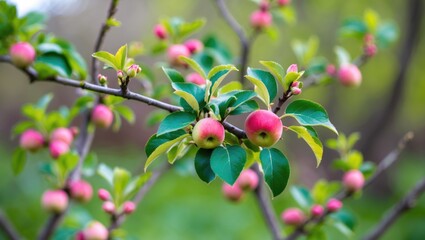Close-up of apple tree branches with pink buds and lush green foliage highlighting spring growth and natural renewal.