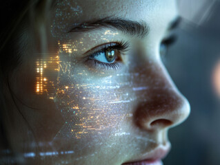 Futuristic woman portrait with digital holographic interface and glowing data visualization overlaying face showcasing advanced technology and artificial intelligence