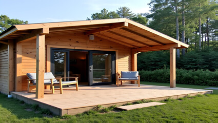 Fototapeta premium Rustic cabin with outdoor seating area