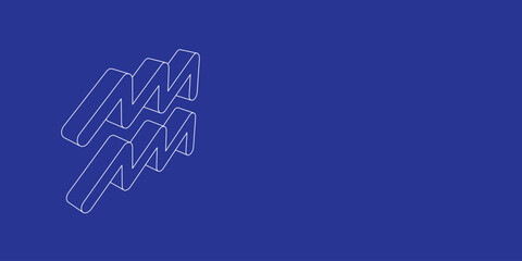The outline of a large zodiac aquarius symbol made of white lines on the left. 3D view of the object in perspective. Vector illustration on indigo background