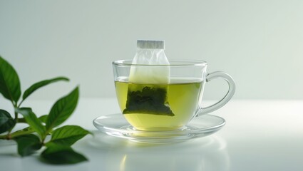White background featuring a mug of aromatic jasmine tea with pyramid tea bag