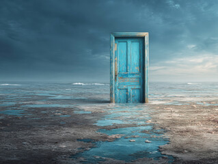 Mysterious door stands alone on a vast, flooded landscape under dark clouds