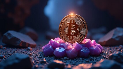 Bitcoin Shining On Purple Crystal Pile