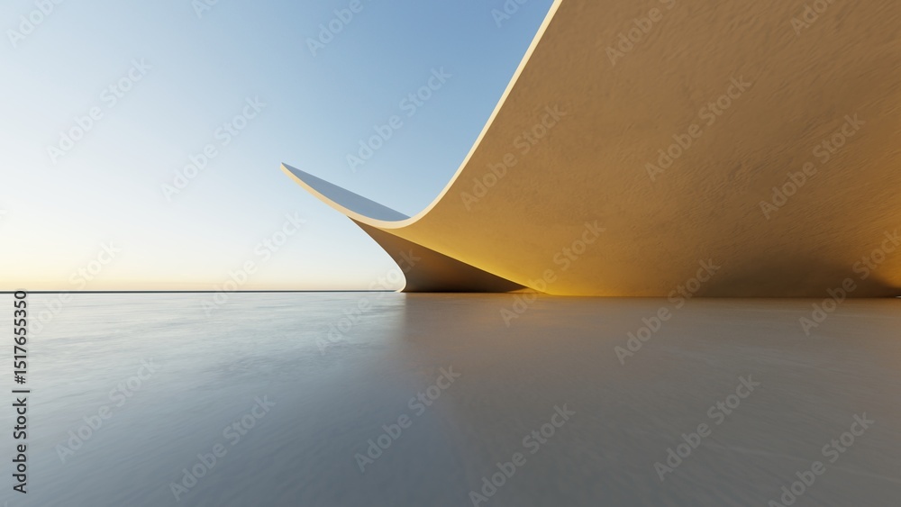 Poster abstract white curved architecture background, empty wavy space with reflected concrete floor, futur