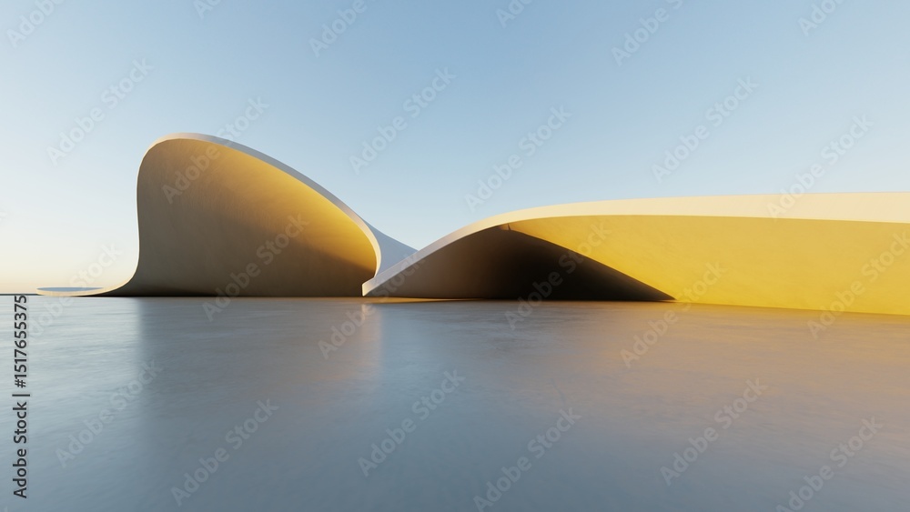 Fototapete Abstract white curved architecture background, Empty wavy space with reflected concrete floor, Futuristic modern interior backdrop, 3d rendering of twisted building